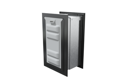 Angled view of a black endura flap pet door for wall with a locking cover. Secure your home and provide pet access with this wall entry pet door.