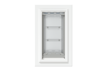 Front view of a white, double flap Endura Flap dog door for wall. Consider this endura flap double flap wall mount pet door for energy efficiency.