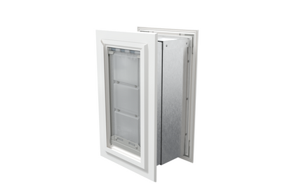 Angled view of a closed, white Endura Flap double flap wall mount pet door. This insulated dog door for wall helps maintain your home's temperature.
