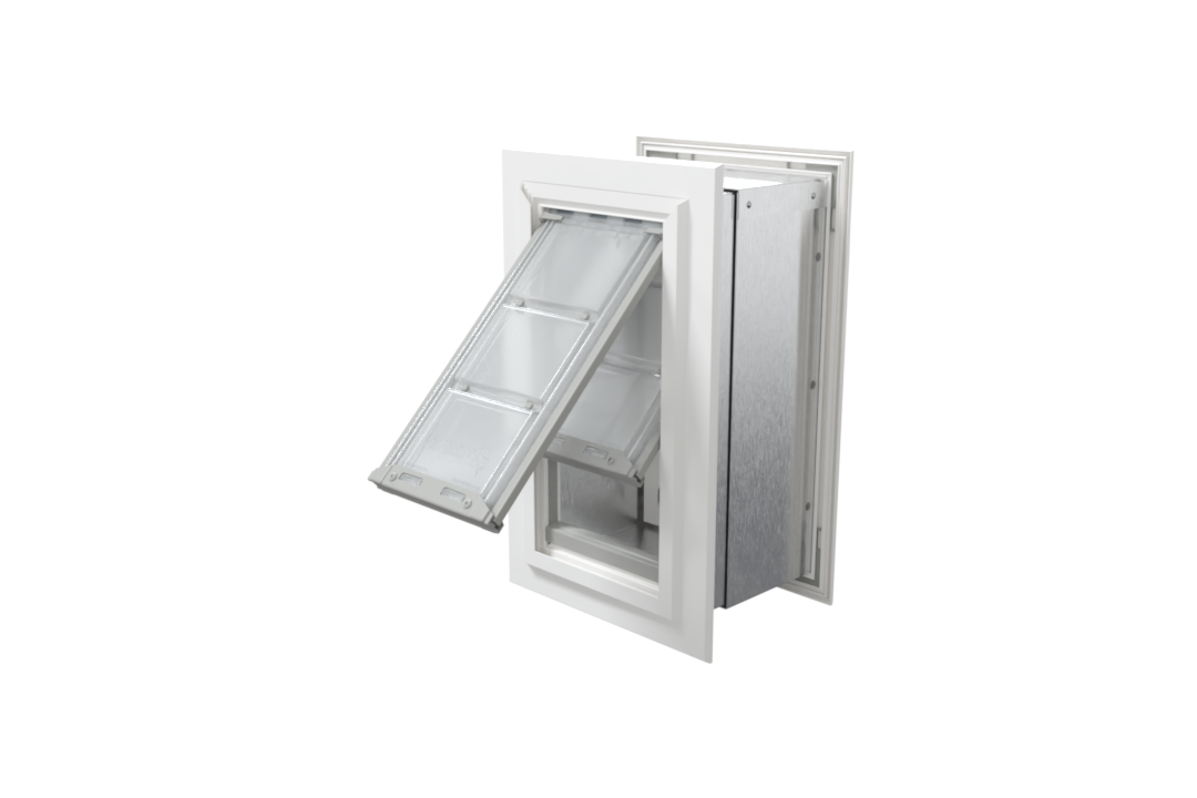 Angled view of an open, white Endura Flap double flap wall mount pet door. This extreme weather dog door for wall provides excellent insulation.