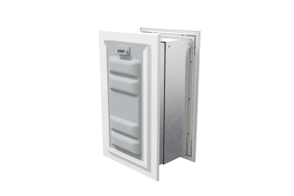Angled view of a white endura flap pet door for wall with a locking cover. This double flap dog door offers enhanced security.