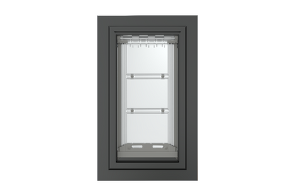 Front view of a black, single flap Endura Flap dog door for wall. Looking for reliable dog doors for walls? Consider the energy-efficient endura flap.