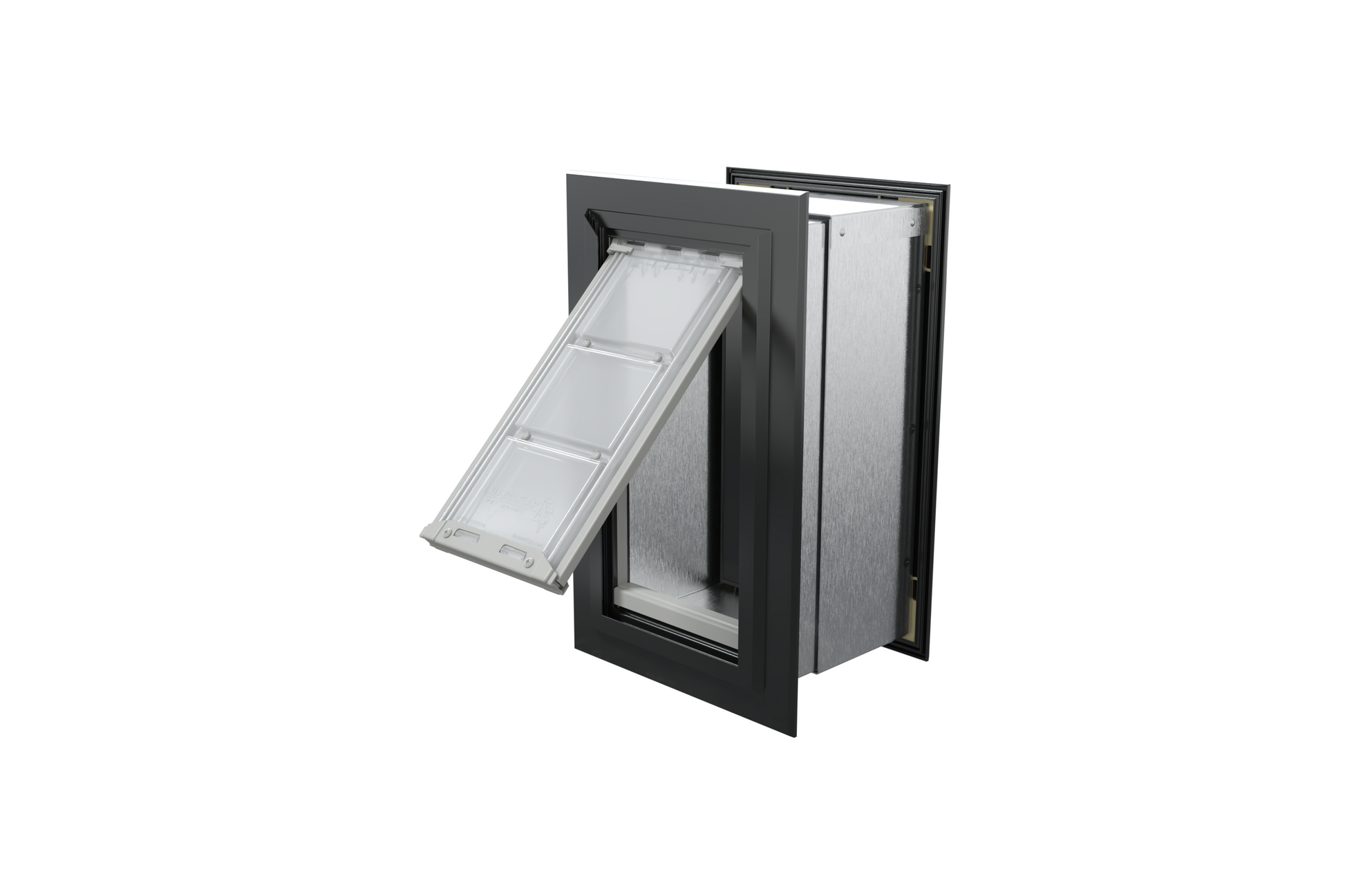 Angled view of an open, black Endura Flap single flap wall mount pet door. This in wall dog door offers a sleek design and easy pet access.