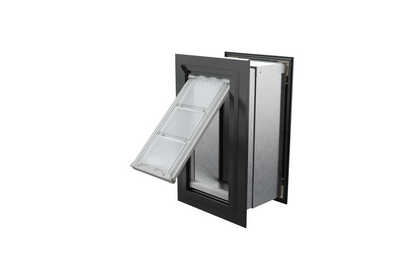 Angled view of an open, black Endura Flap single flap wall mount pet door. This in wall dog door offers a sleek design and easy pet access.