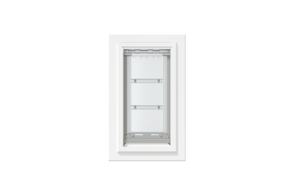 Front view of a white, single flap Endura Flap dog door for wall installation. This durable and energy-efficient endura flap pet door is a perfect solution for pet owners looking for secure dog doors for walls.