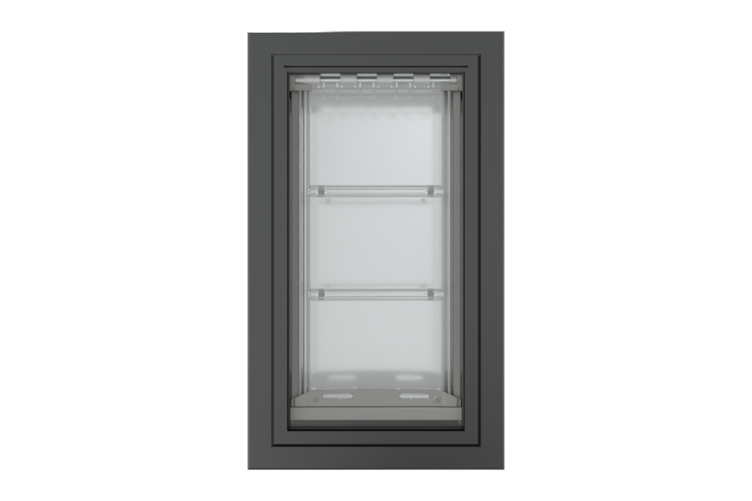 Front view of a black, double flap Endura Flap dog door for wall. This endura flap dog door is a top choice for pet owners.