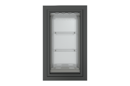 Front view of a black, double flap Endura Flap dog door for wall. This endura flap dog door is a top choice for pet owners.