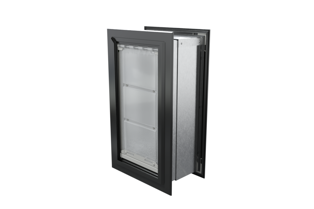 Angled view of a closed, black Endura Flap double flap wall mount pet door. This heavy duty dog door for wall provides excellent insulation.
