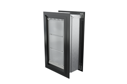 Angled view of a closed, black Endura Flap double flap wall mount pet door. This heavy duty dog door for wall provides excellent insulation.