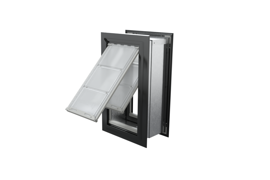 Angled view of an open, black Endura Flap double flap wall mount pet door. This through wall dog door is perfect for keeping out the elements.