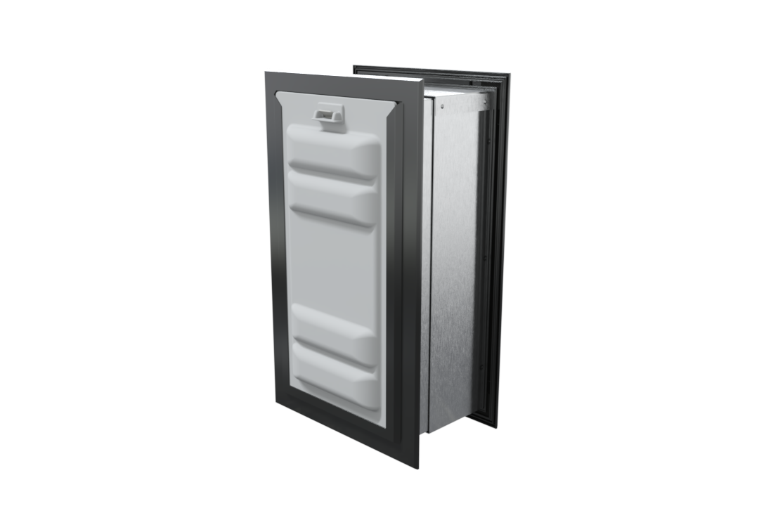 Angled view of a black endura flap pet door for wall with a locking cover. Secure your home and provide pet access with this wall entry pet door.