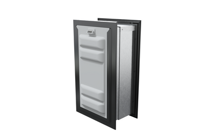 Angled view of a black endura flap pet door for wall with a locking cover. Secure your home and provide pet access with this wall entry pet door.