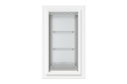 Front view of a white, double flap Endura Flap dog door for wall. Consider this endura flap double flap wall mount pet door for energy efficiency.