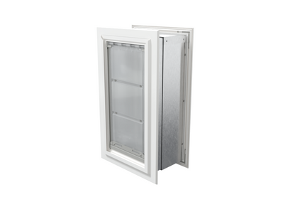 Angled view of a closed, white Endura Flap double flap wall mount pet door. This insulated dog door for wall helps maintain your home's temperature.