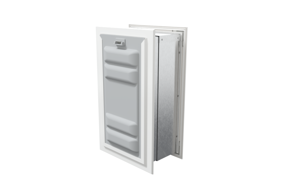 Angled view of a white endura flap pet door for wall with a locking cover. This double flap dog door offers enhanced security.