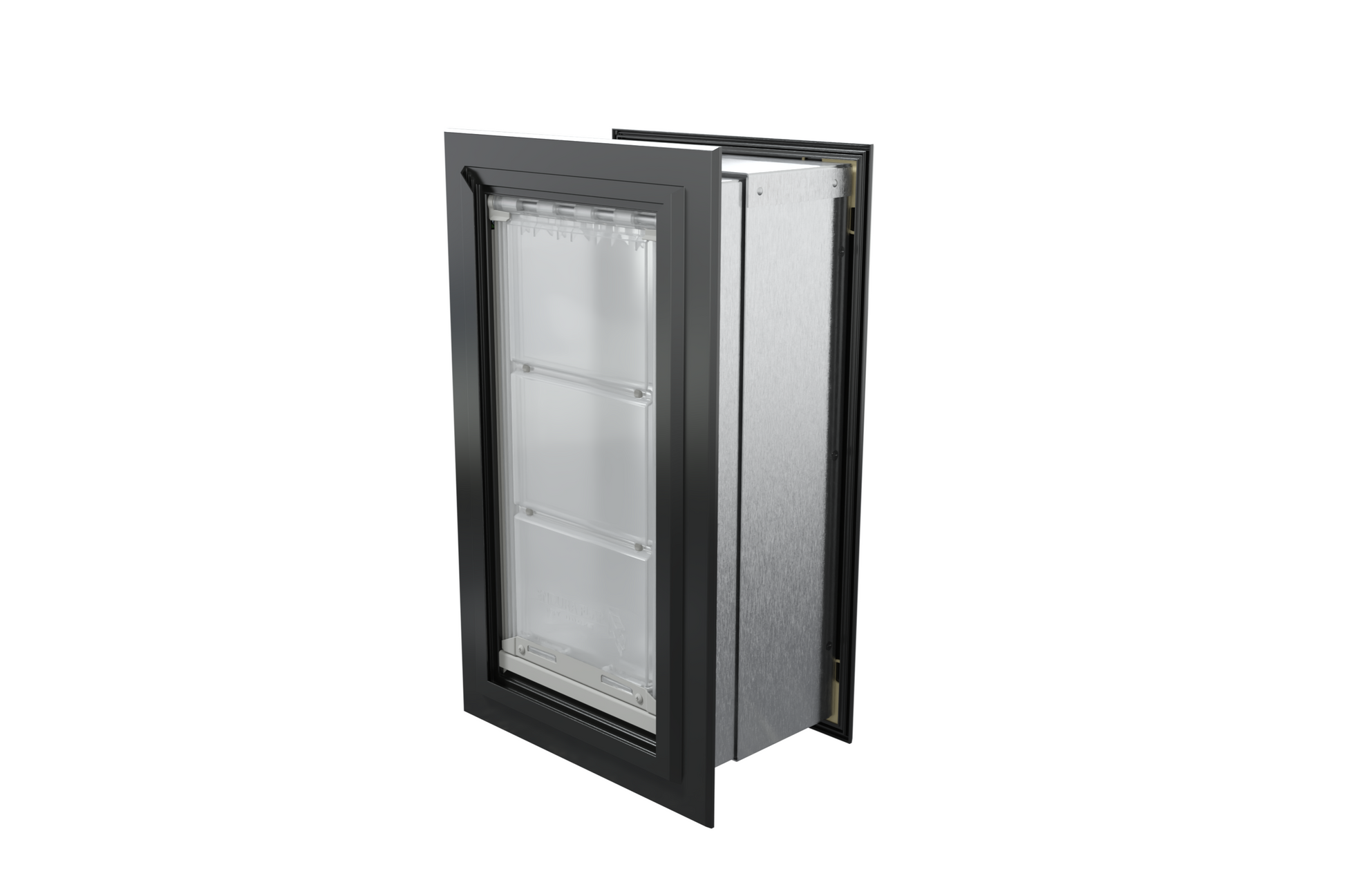 Angled view of a closed, black Endura Flap single flap wall mount pet door. Consider this energy-efficient endura flap dog door for your dog doors for walls needs.