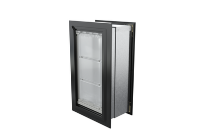Angled view of a closed, black Endura Flap single flap wall mount pet door. Consider this energy-efficient endura flap dog door for your dog doors for walls needs.