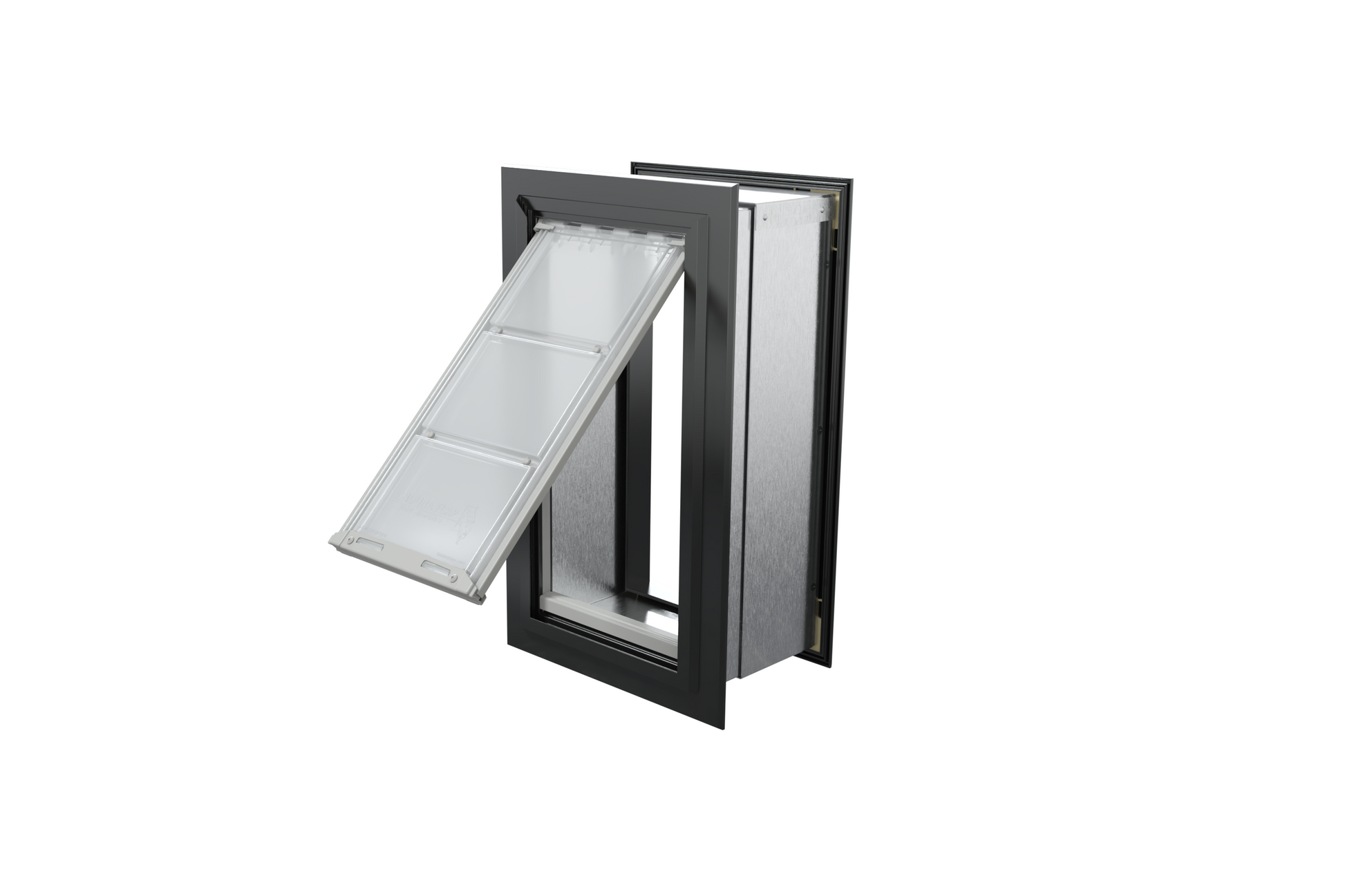 Angled view of an open, black Endura Flap single flap wall mount pet door. This in wall dog door provides easy access for your pet.