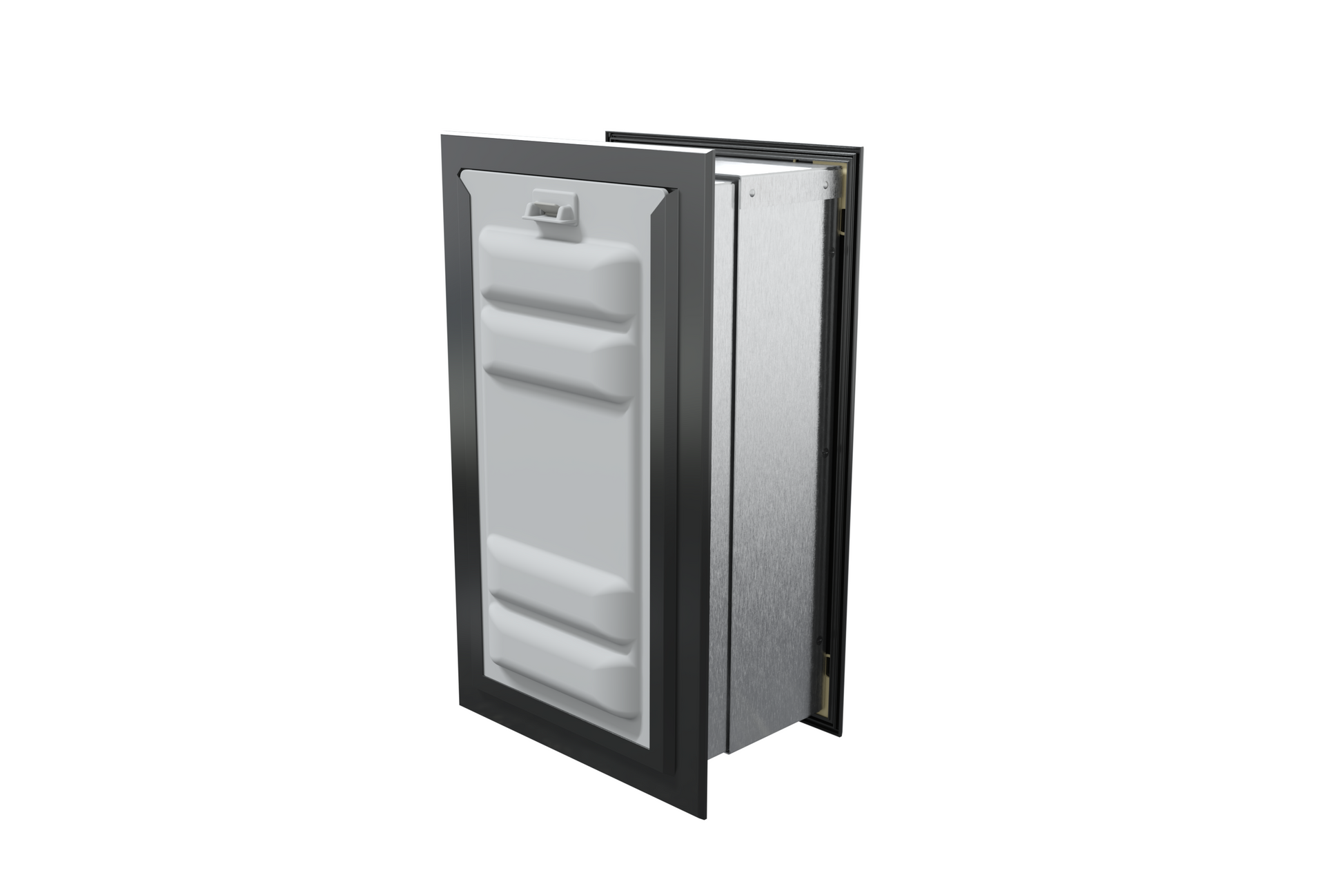 Angled view of a black endura flap pet door for wall with the locking cover. Secure your home with this wall mount dog door.