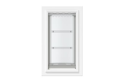 Front view of a white, single flap Endura Flap dog door for wall. This is a popular choice for pet owners seeking reliable dog doors for walls.