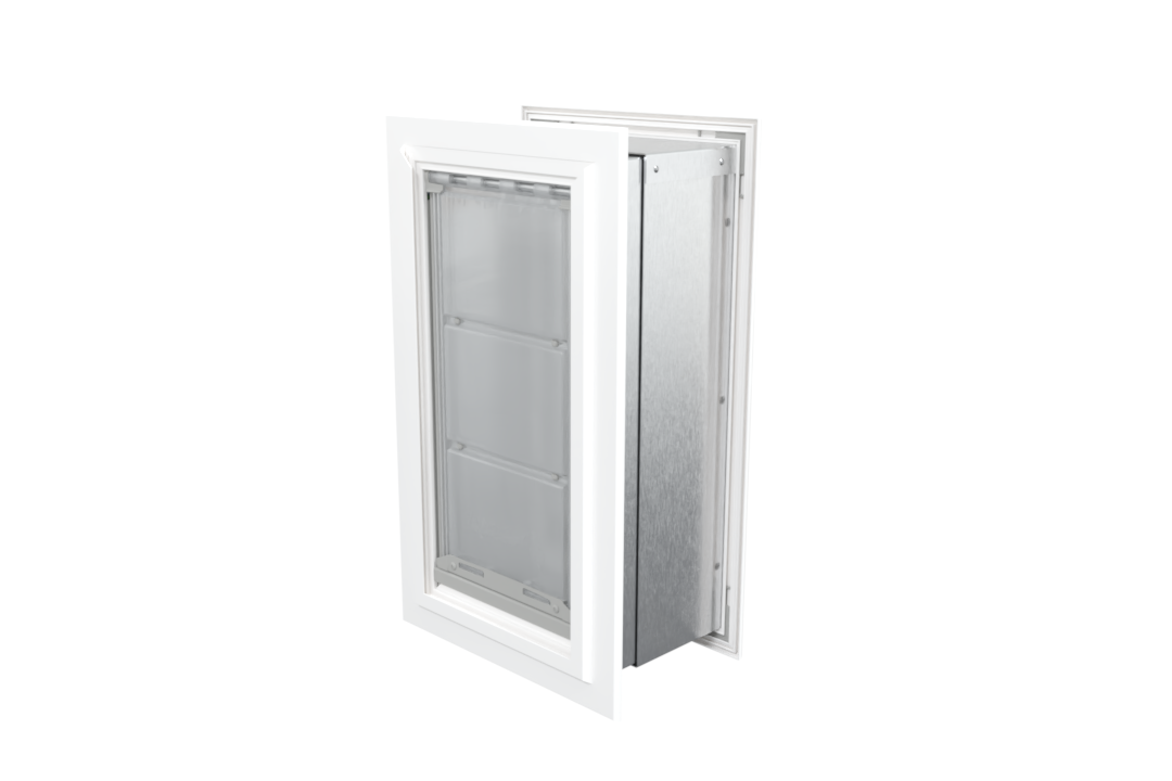 Angled view of a closed, white Endura Flap single flap wall mount pet door. Consider this high-quality endura flap pet door for your wall dog doors needs.