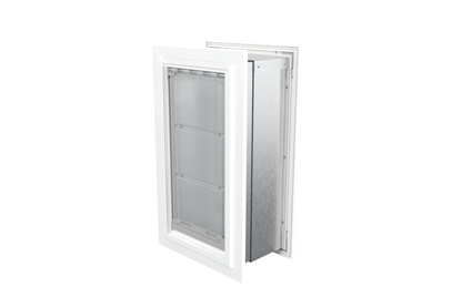 Angled view of a closed, white Endura Flap single flap wall mount pet door. Consider this high-quality endura flap pet door for your wall dog doors needs.