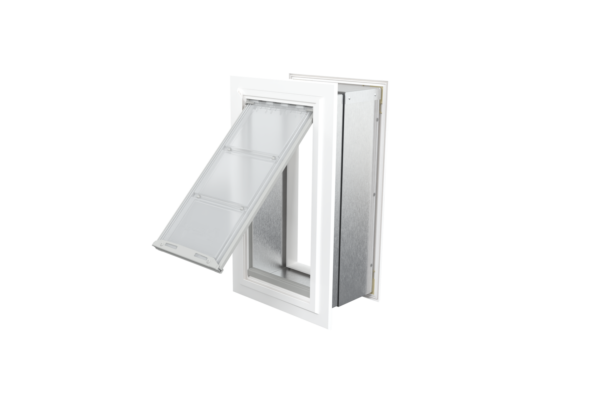 Angled view of an open, white Endura Flap single flap wall mount pet door. This easy-to-use dog door for wall is perfect for your furry friend.