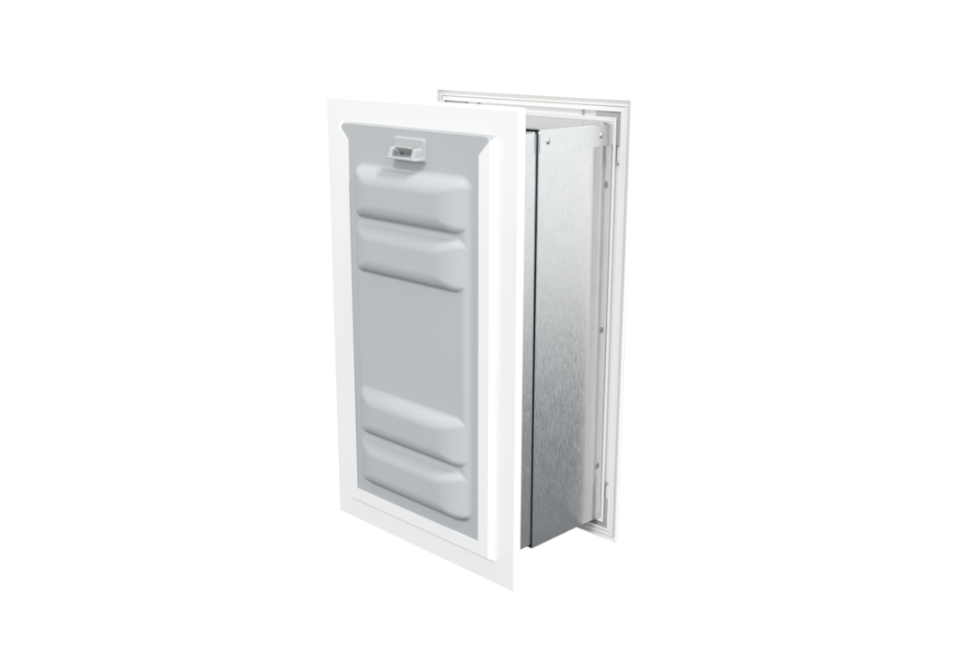 Angled view of a white endura flap pet door for wall with a locking cover. This single flap wall mount pet door offers both security and convenience.