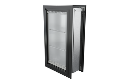 Angled view of a closed, black Endura Flap double flap wall mount pet door. Consider this through wall pet door for superior insulation.