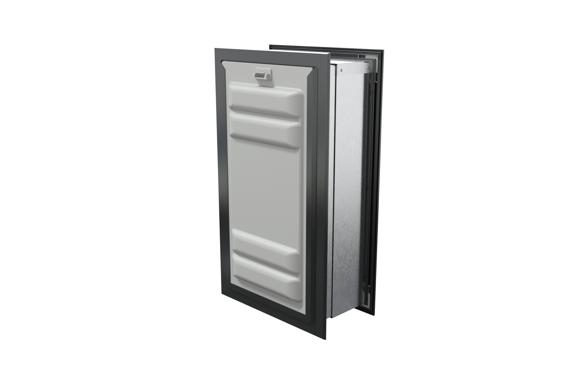Angled view of a black endura flap dog door for wall with a locking cover. This double flap wall dog door provides excellent energy efficiency and security.