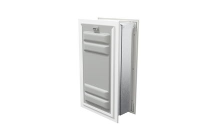 Angled view of a white endura flap pet door for wall with a locking cover. This double flap dog door offers enhanced insulation and security.