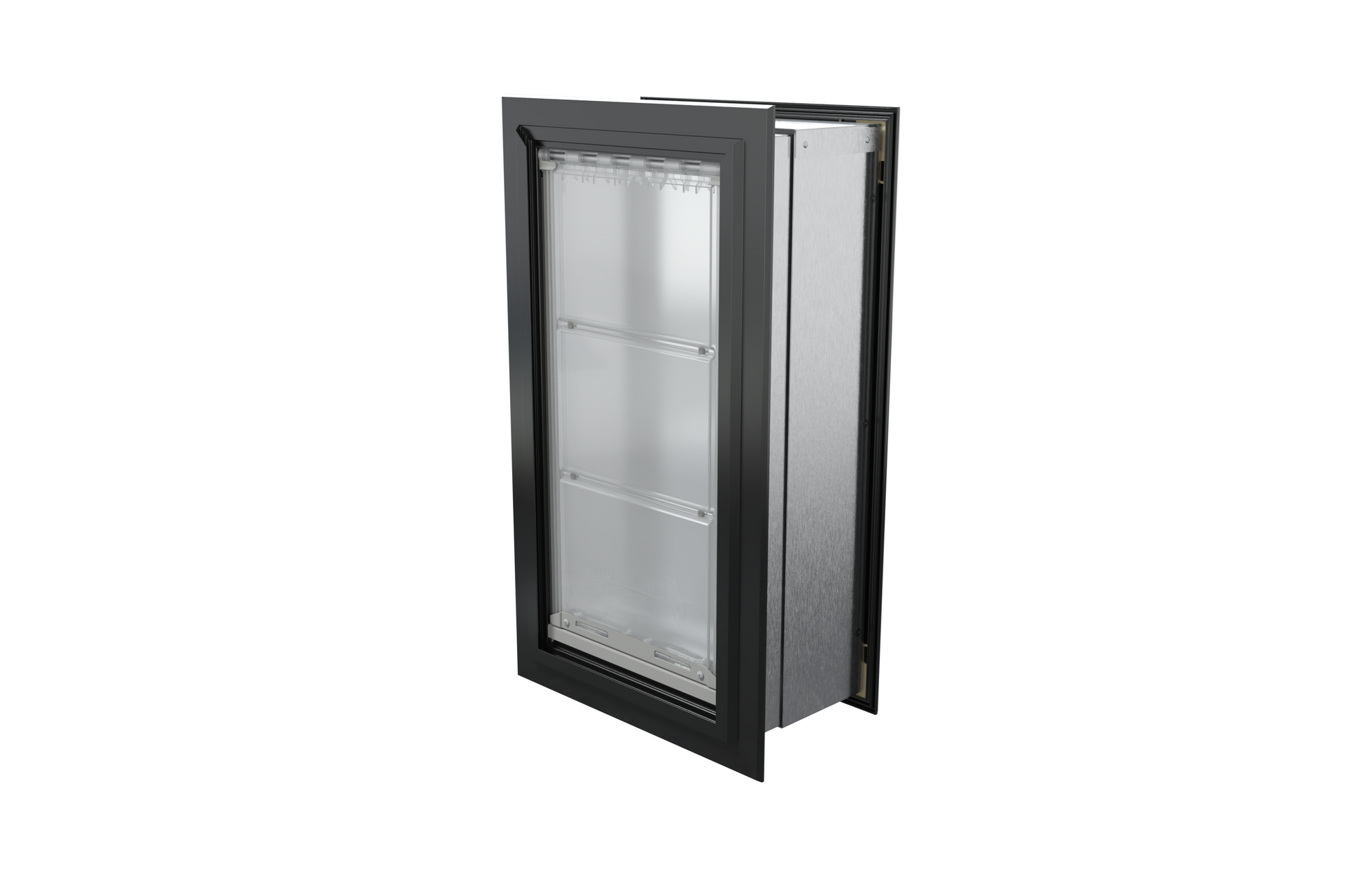 Angled view of a closed, black Endura Flap single flap wall mount pet door. Looking for insulated dog doors for walls? Consider this endura flap dog door.