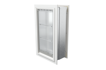 Angled view of a closed, white Endura Flap single flap wall mount pet door. This energy-efficient endura flap pet door is a great choice among dog doors for walls.