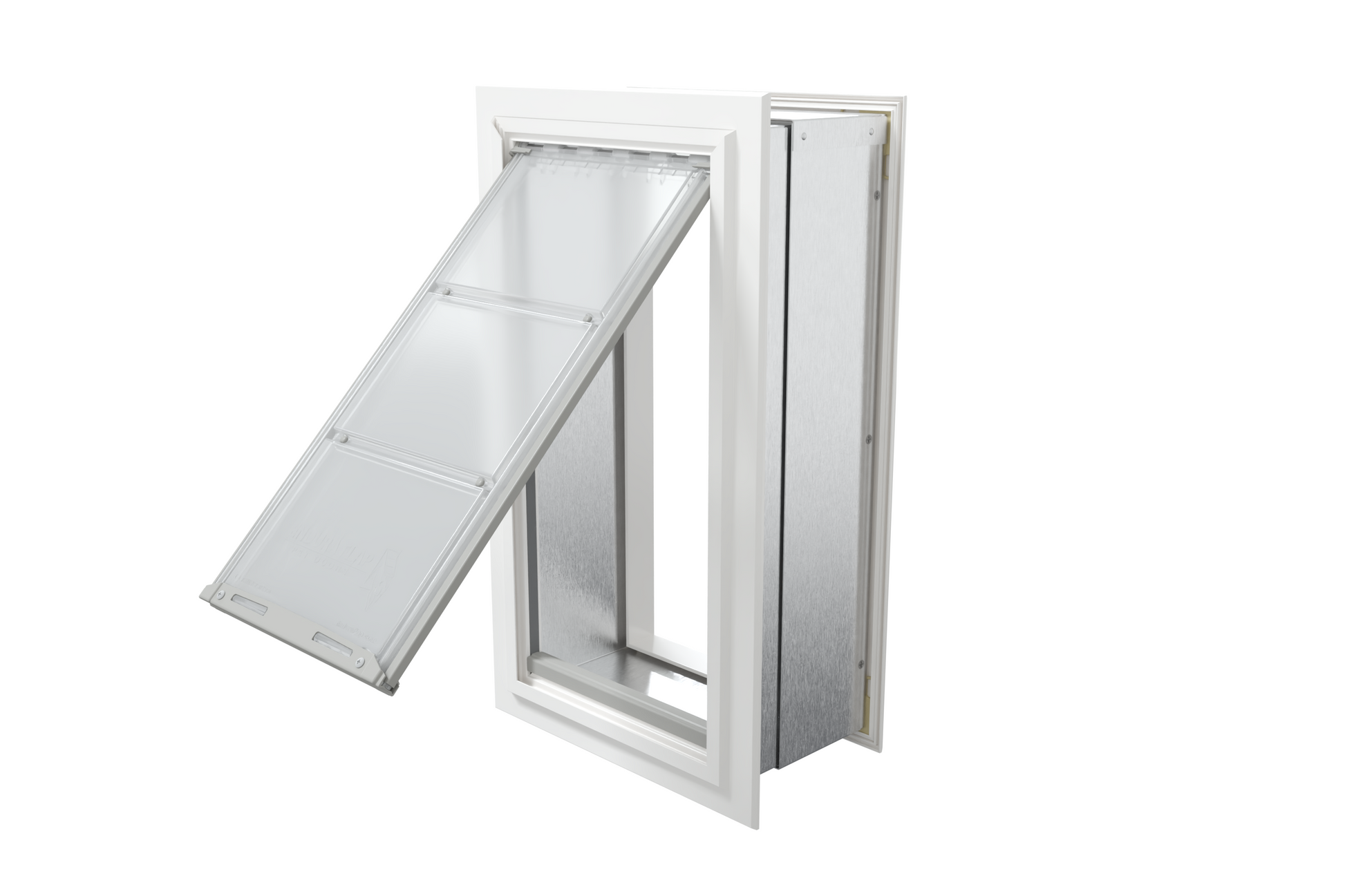 Angled view of an open, white Endura Flap single flap wall mount pet door. This durable dog door for wall allows easy access for your pet.