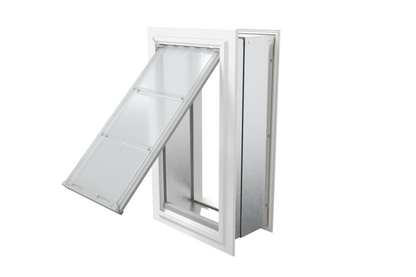 Angled view of an open, white Endura Flap single flap wall mount pet door. This durable dog door for wall allows easy access for your pet.