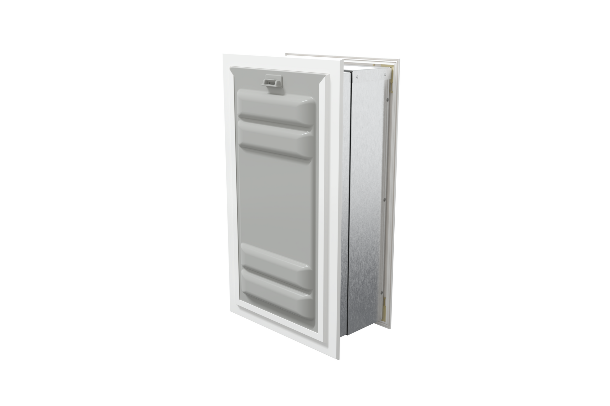 Angled view of a white endura flap pet door for wall with the locking cover. This secure wall dog door provides added safety.