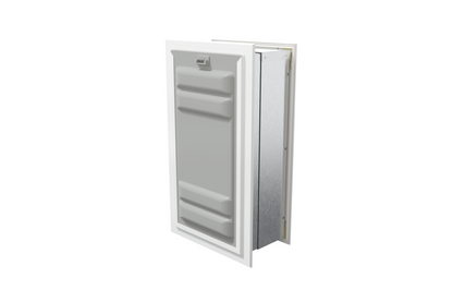 Angled view of a white endura flap pet door for wall with the locking cover. This secure wall dog door provides added safety.
