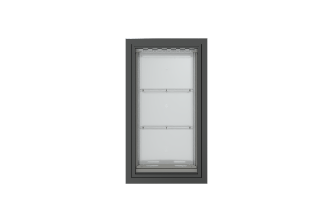 Front view of a black, double flap Endura Flap dog door for wall. This endura flap dog door is a top choice for pet owners with larger breeds.