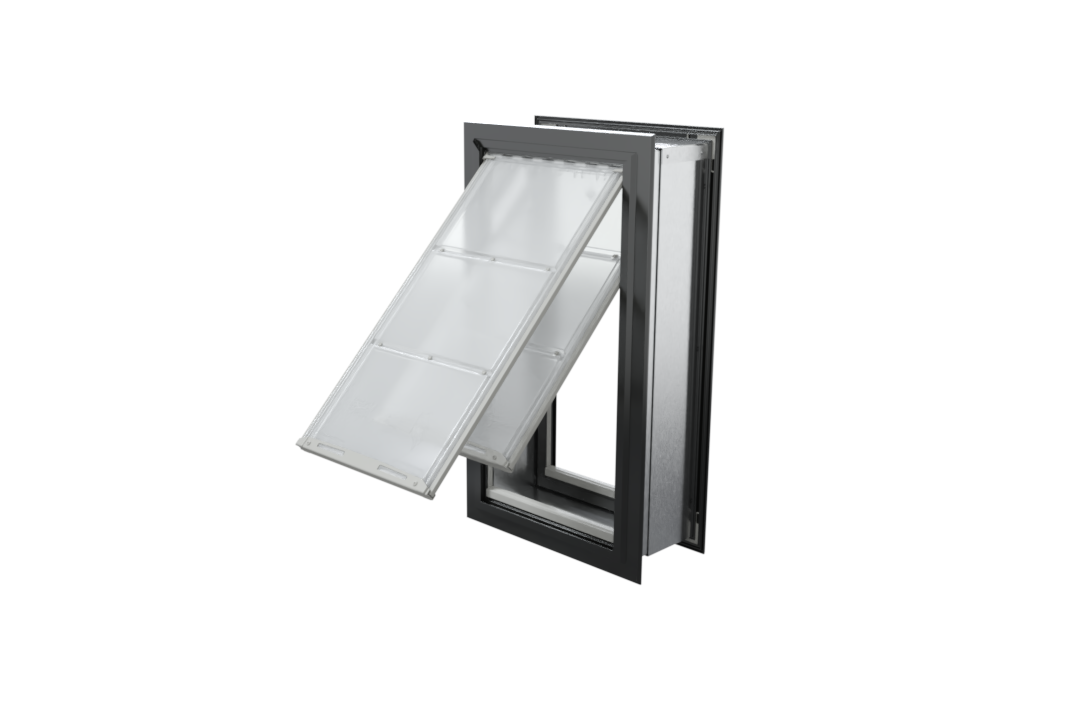 Angled view of an open, black Endura Flap double flap wall mount pet door. This through wall dog door is perfect for keeping out the elements for larger pets.