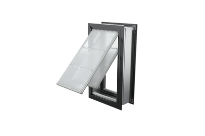 Angled view of an open, black Endura Flap double flap wall mount pet door. This through wall dog door is perfect for keeping out the elements for larger pets.