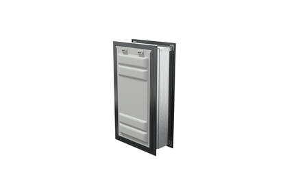 Angled view of a black endura flap pet door for wall with a locking cover. Secure your home and provide pet access with this wall entry pet door.