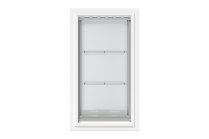 Front view of a white, double flap Endura Flap dog door for wall. Consider this large dog door for wall for energy efficiency.