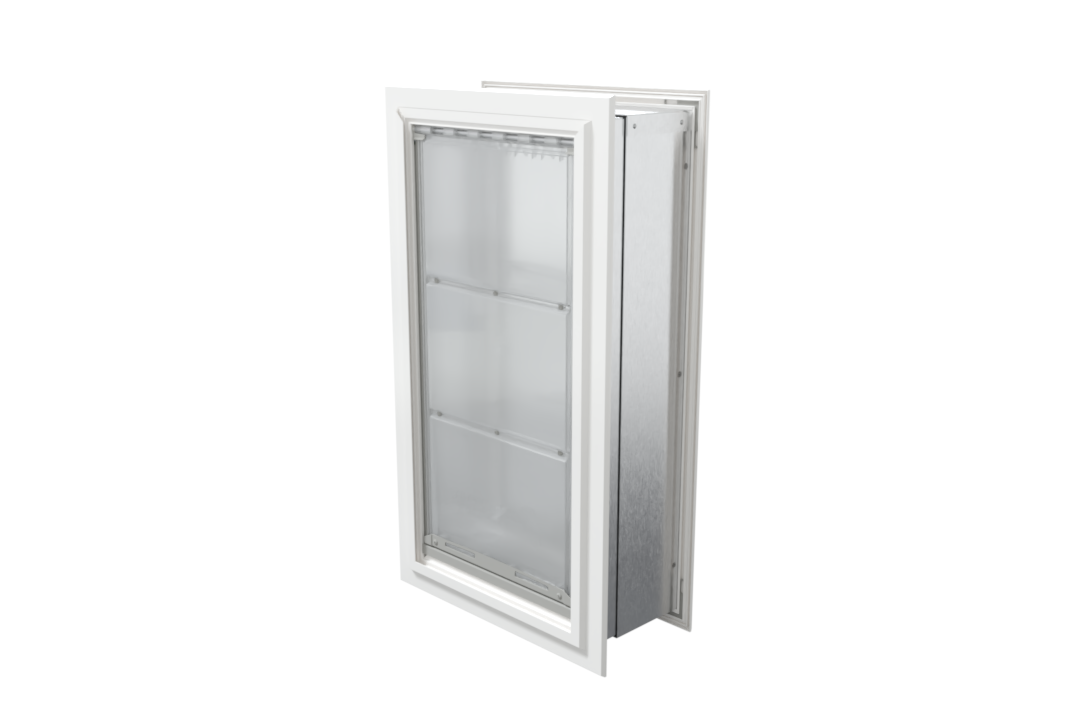Angled view of a closed, white Endura Flap double flap wall mount pet door. This insulated dog door for wall helps maintain your home's temperature.