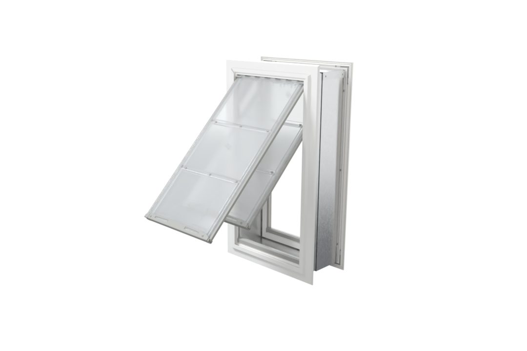 Angled view of an open, white Endura Flap double flap wall mount pet door. This extreme weather dog door for wall provides excellent insulation for larger dogs.
