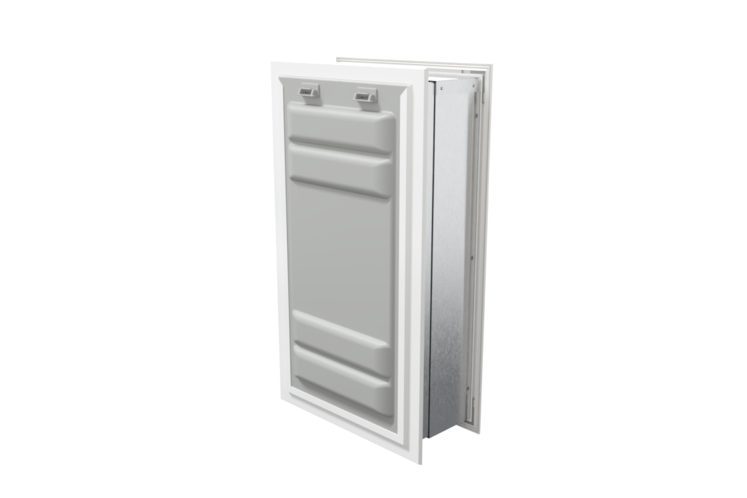 Angled view of a white endura flap pet door for wall with a locking cover. This double flap dog door offers enhanced security.