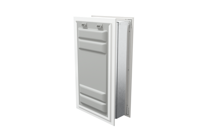 Angled view of a white endura flap pet door for wall with a locking cover. This double flap dog door offers enhanced security.