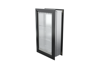 Angled view of a closed, black Endura Flap single flap wall mount pet door. Consider this energy-efficient endura flap dog door for your dog doors for walls needs.