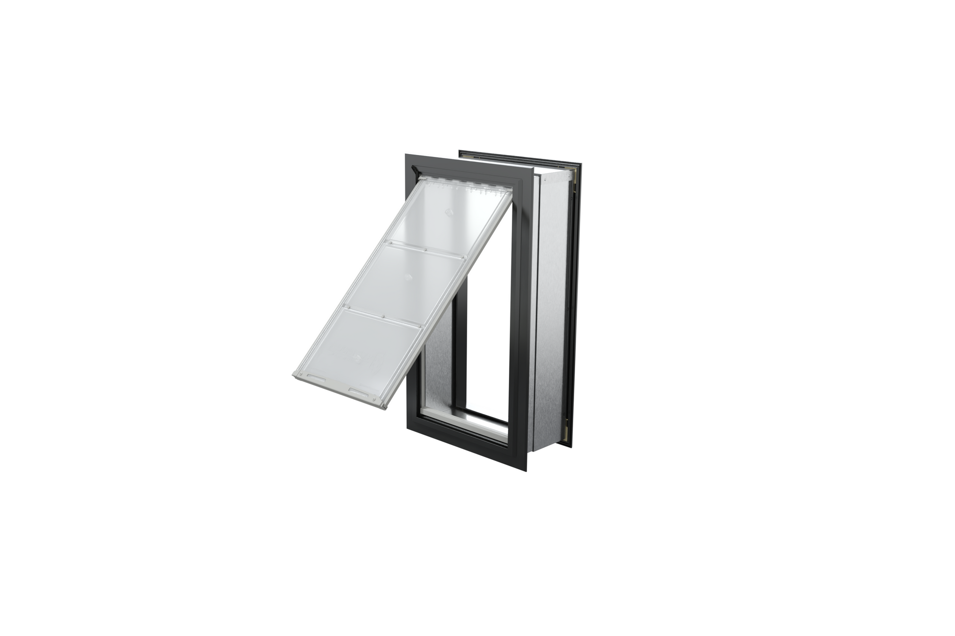 Angled view of an open, black Endura Flap single flap wall mount pet door. This in wall dog door provides easy access for your pet.