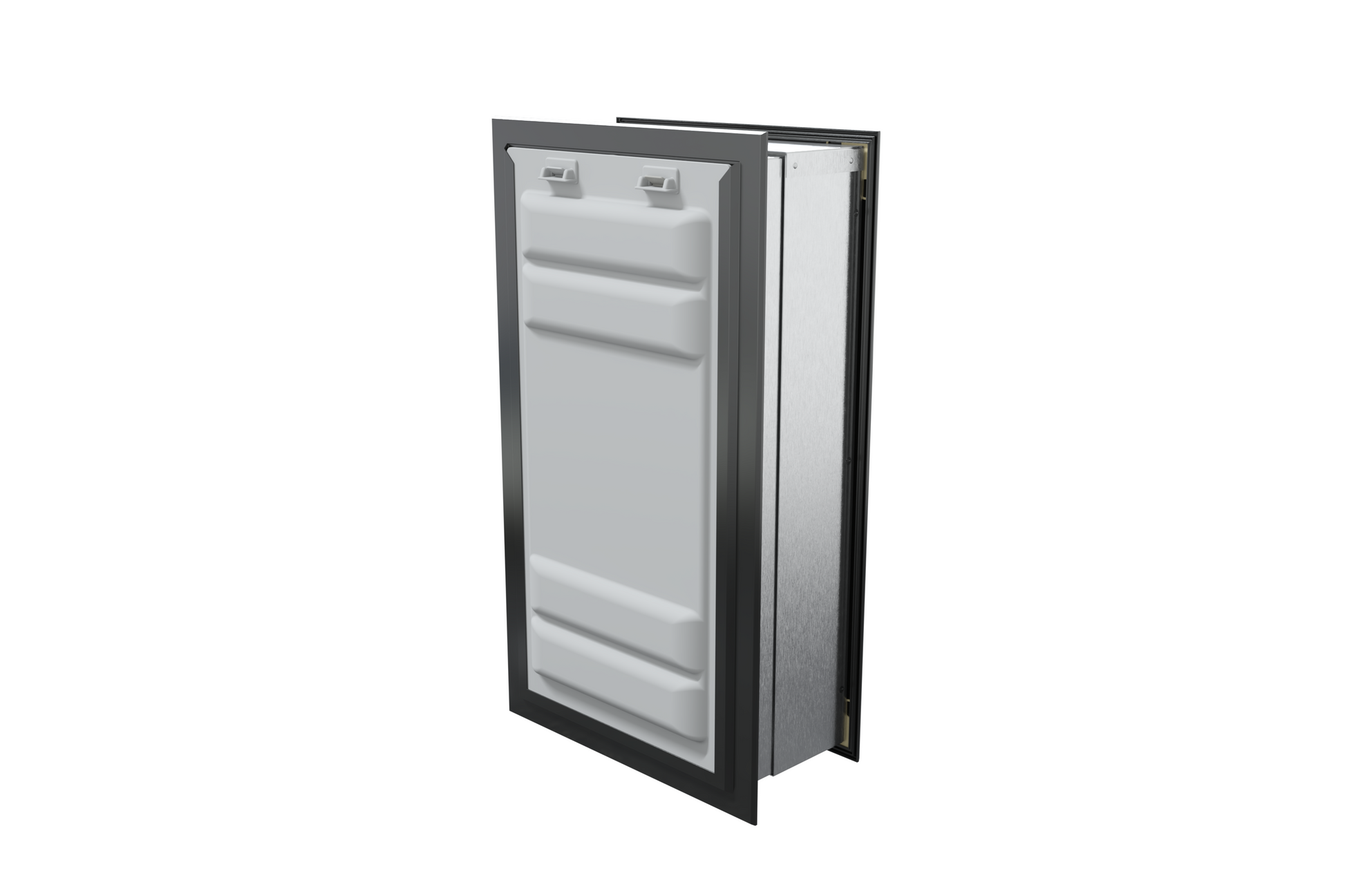 Angled view of a black endura flap pet door for wall with the locking cover. Secure your home with this wall mount dog door.