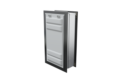 Angled view of a black endura flap pet door for wall with the locking cover. Secure your home with this wall mount dog door.